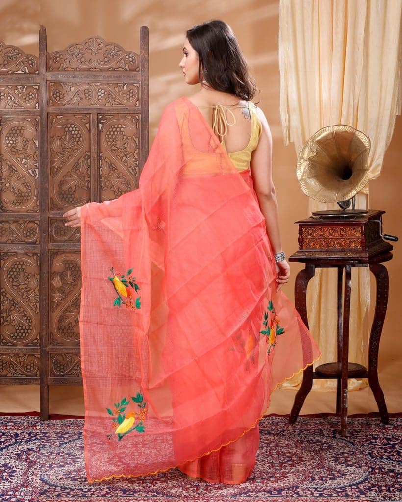 Kota Doria Embroidery Red Saree with blouse Handcrafted-4819 view 4