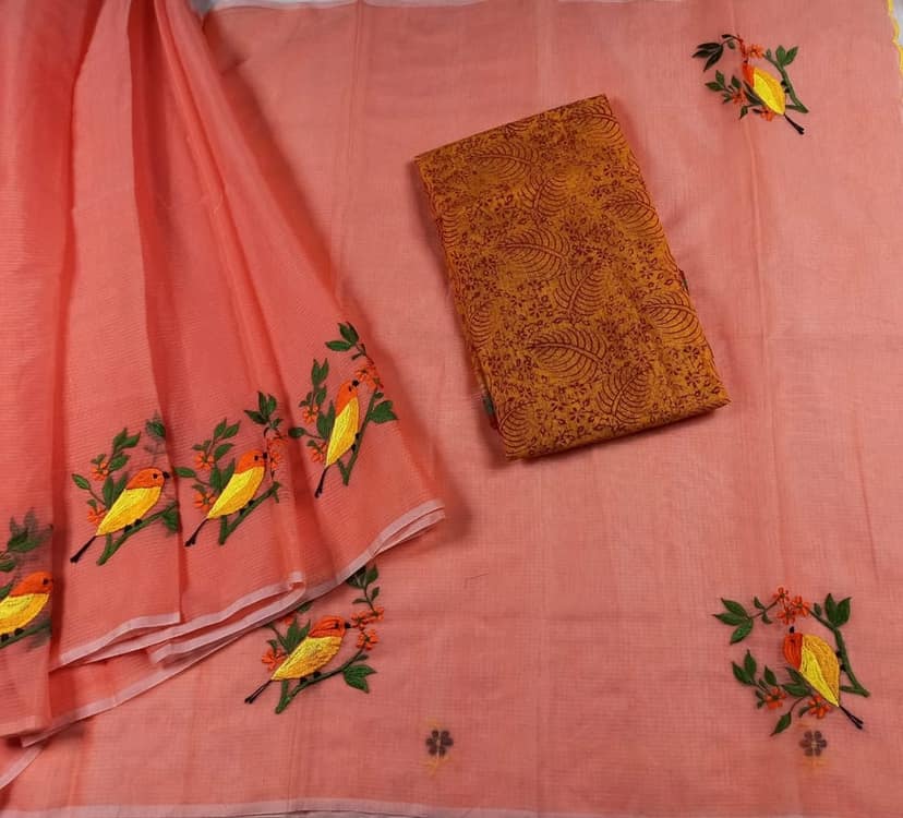Kota Doria Embroidery Red Saree with blouse Handcrafted-4819 view 5