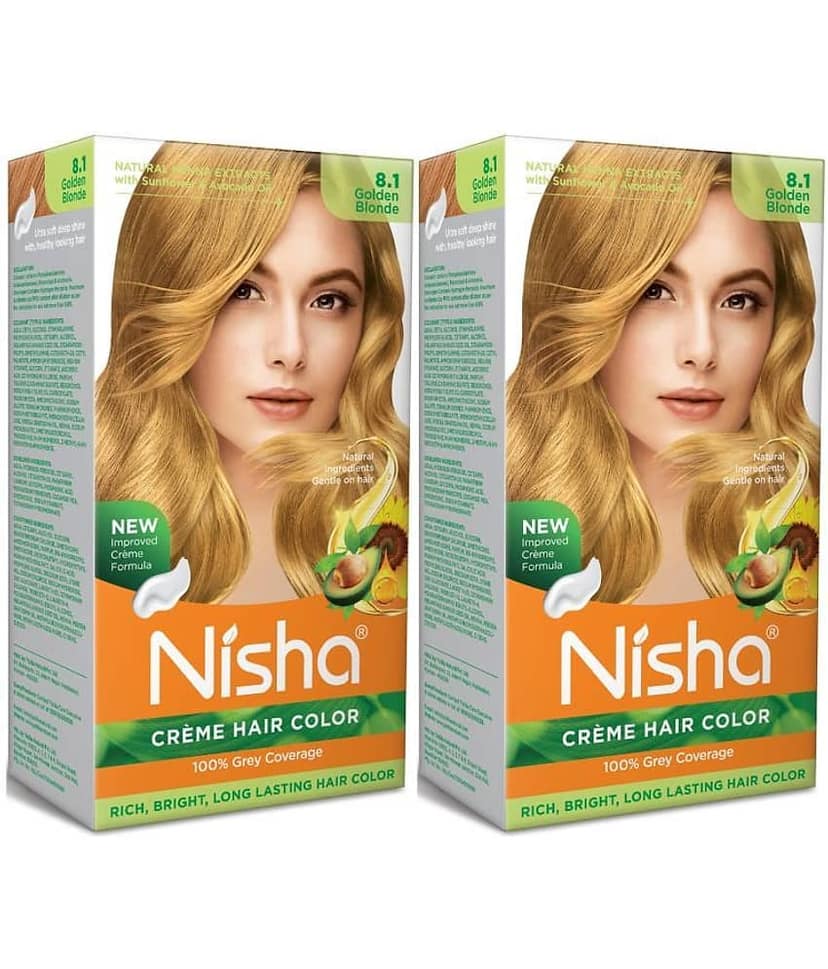Nisha Creme Hair Color 8.1 Golden Blonde 120g Pack of 2, Permanent Hair Colour for Women & Men, Long Lasting Hair Color
