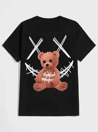 SCOTT FINCHER Men's Streetwear Hip Hop T-Shirt with Distressed Teddy Bear Graphic : AA(HSR)BLACK_08