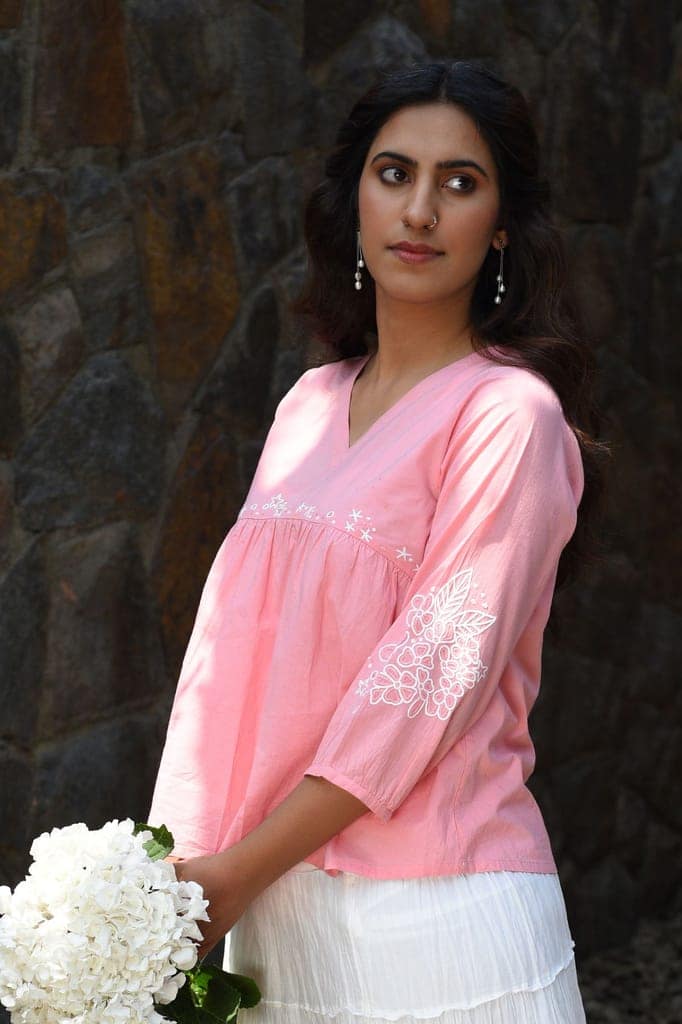 Nargis Pink Kashmiri Crewel Hand Embroidered Cotton V-Neck Top view 5