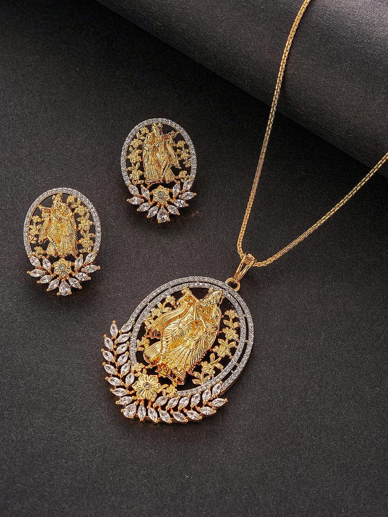 Gold Plated AD Zircon Minimal Temple Lord Krishna Pendant Jewellery Set view 3