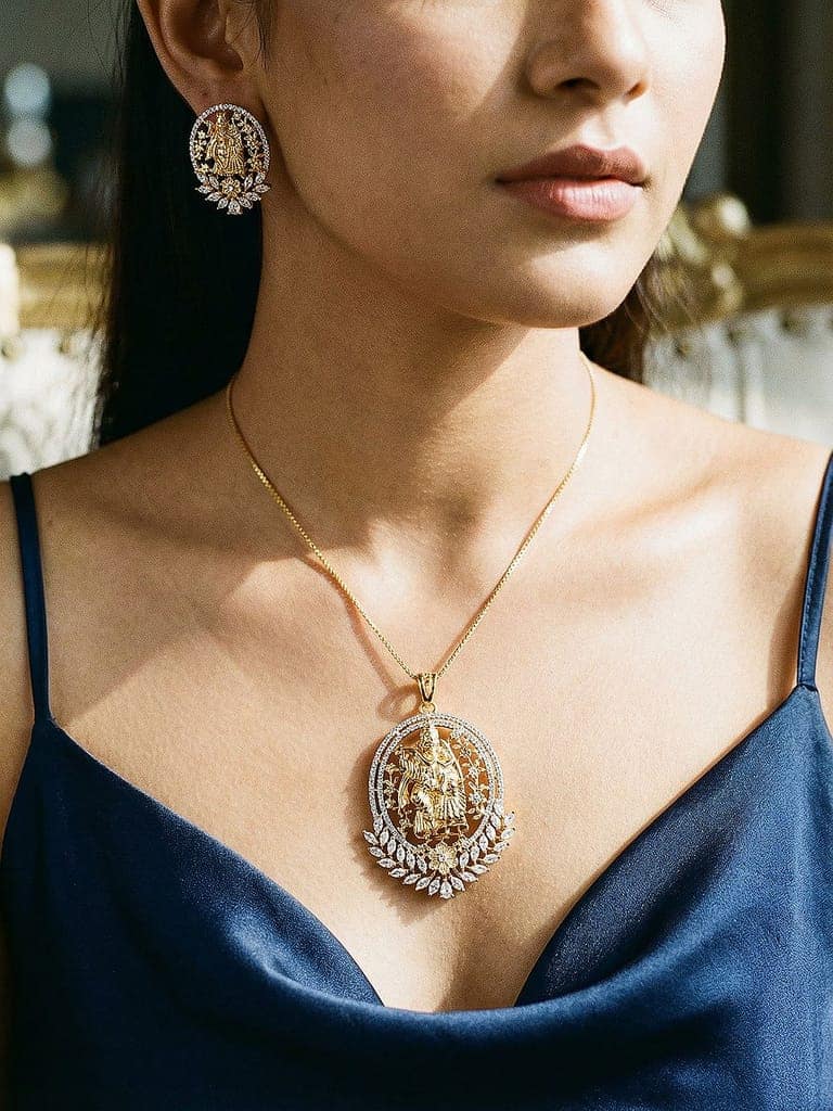 Gold Plated AD Zircon Minimal Temple Lord Krishna Pendant Jewellery Set view 4