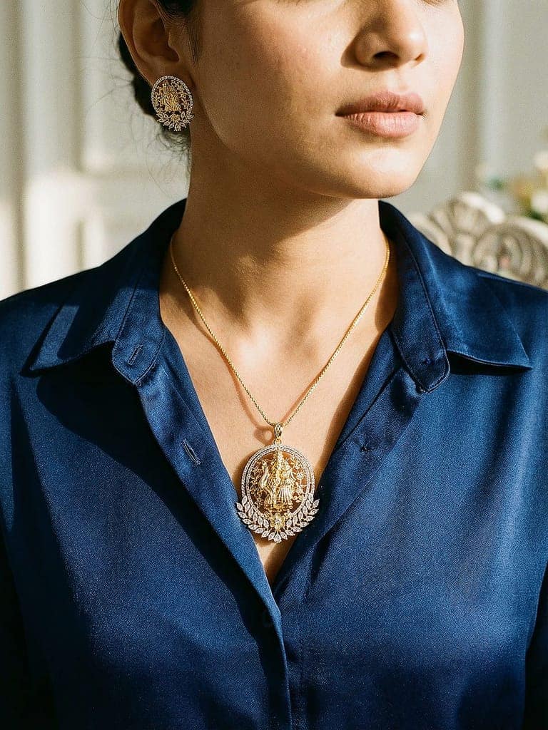 Gold Plated AD Zircon Minimal Temple Lord Krishna Pendant Jewellery Set view 5
