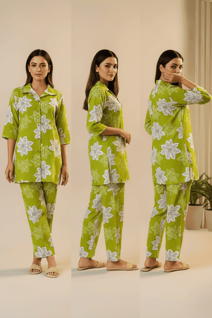 PickCell Printed Delta Fabric Coord Set for Women | Green view 3