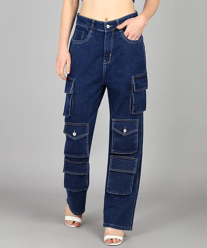 Glossia Fashion Women Cargo Jeans | High Waist Stretchable Loose Straight Fit Denim| Boyfriend Jeans for Women - Dark Blue, 34 view 2