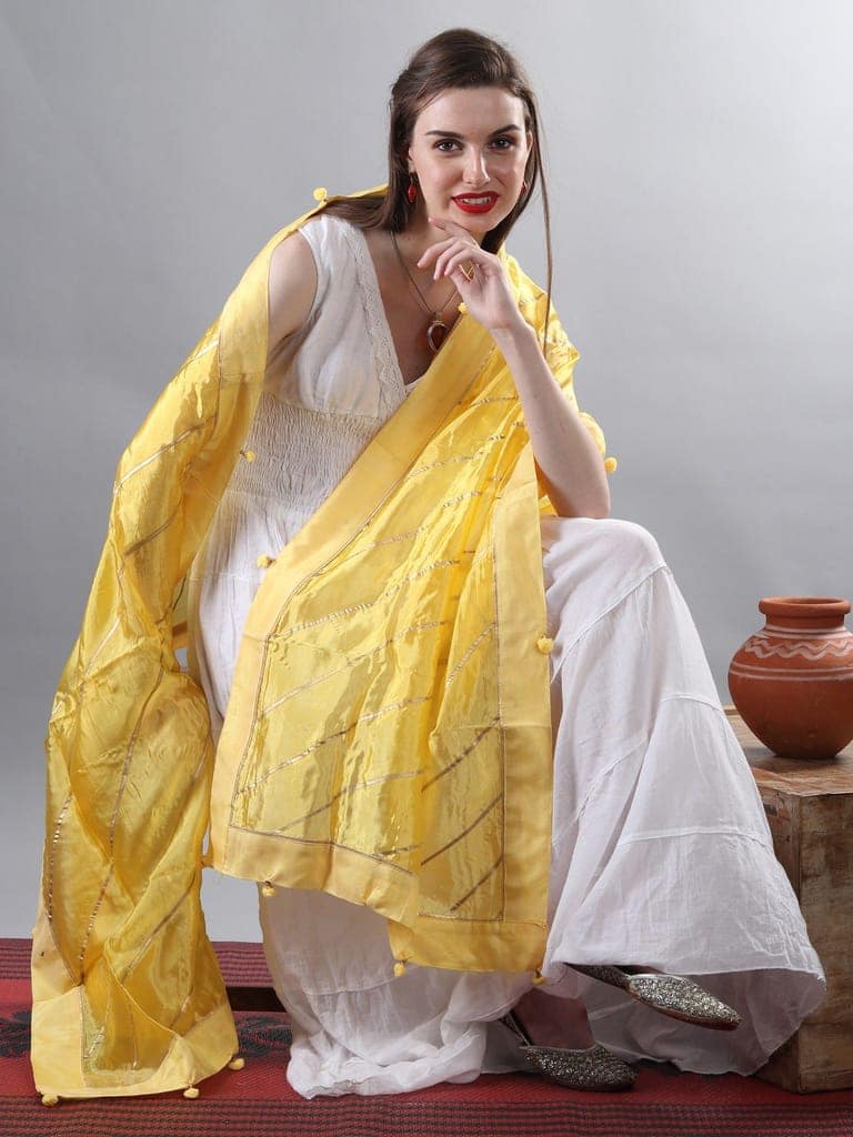 Pale-Yellow Gota Dupatta from Amritsar with Patch Border and Pom-Poms