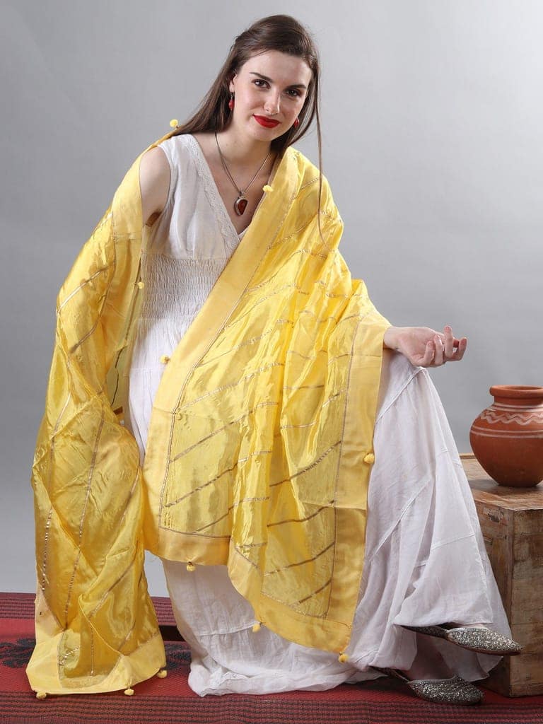 Pale-Yellow Gota Dupatta from Amritsar with Patch Border and Pom-Poms view 2