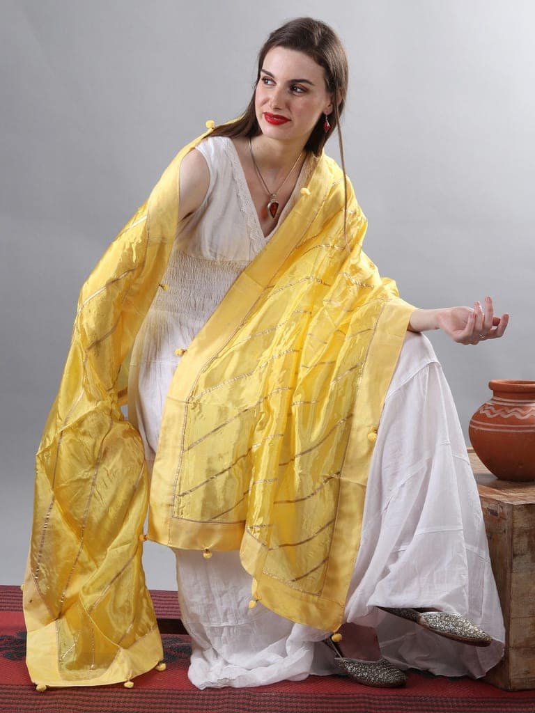 Pale-Yellow Gota Dupatta from Amritsar with Patch Border and Pom-Poms view 3
