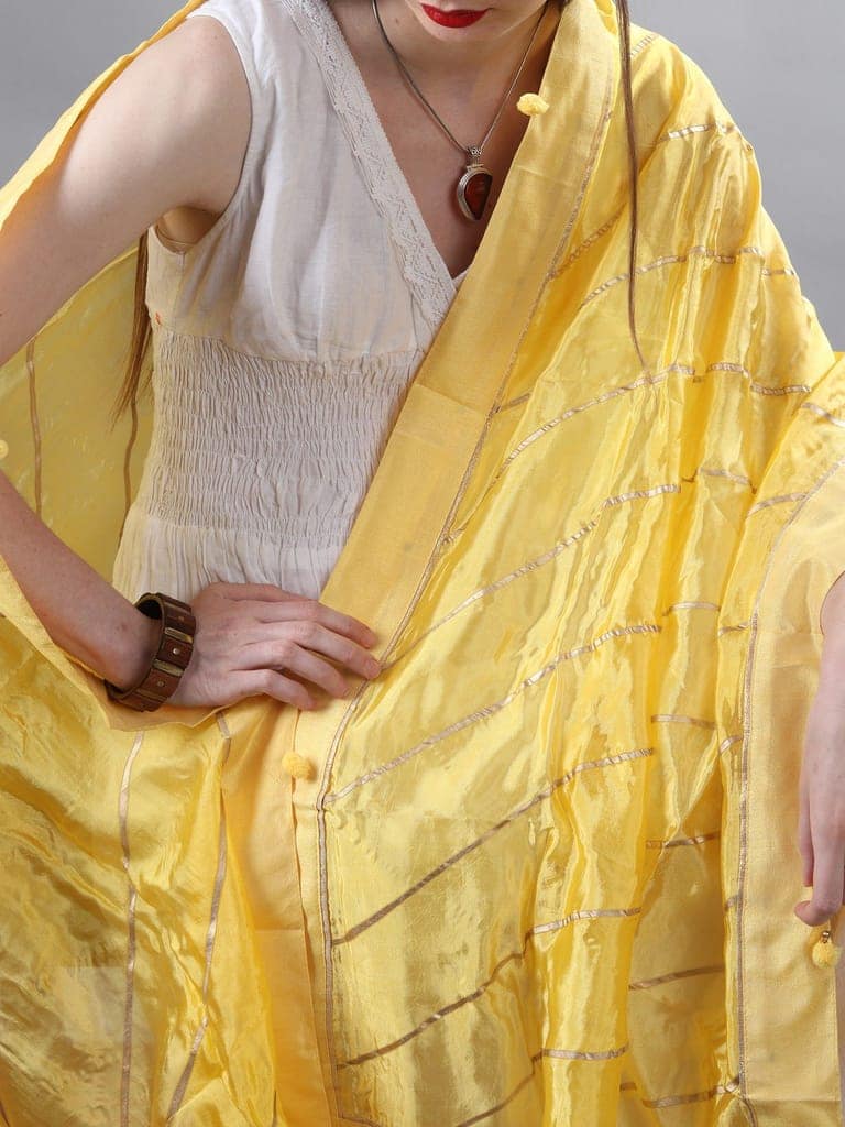 Pale-Yellow Gota Dupatta from Amritsar with Patch Border and Pom-Poms view 4