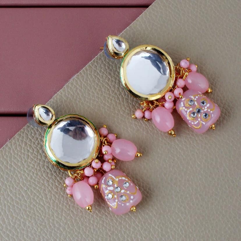 LUCKY JEWELLERY Back Meenakari 18k Gold Plated Pink Color Earring Combo Uncut Big Faux Kundan Choker Necklace set (1565-J5SK-1630-PK) view 3