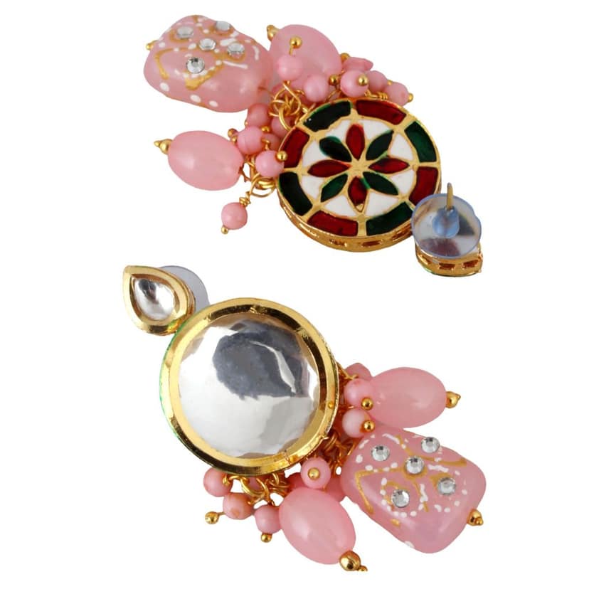 LUCKY JEWELLERY Back Meenakari 18k Gold Plated Pink Color Earring Combo Uncut Big Faux Kundan Choker Necklace set (1565-J5SK-1630-PK) view 4