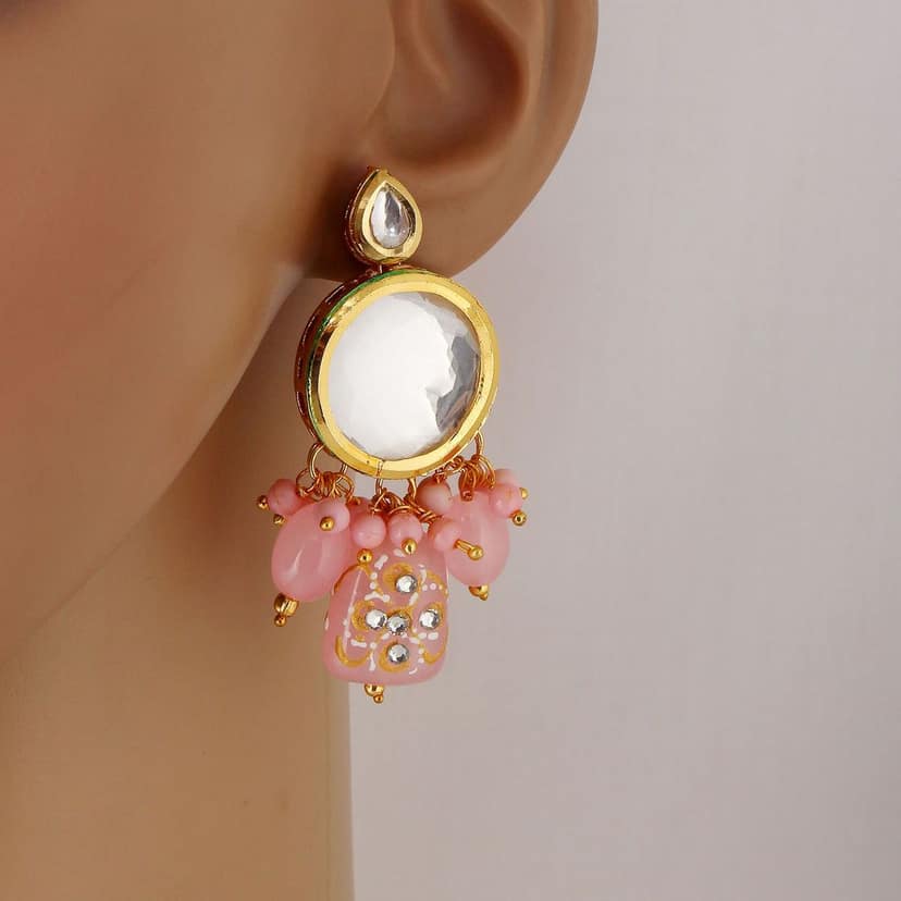 LUCKY JEWELLERY Back Meenakari 18k Gold Plated Pink Color Earring Combo Uncut Big Faux Kundan Choker Necklace set (1565-J5SK-1630-PK) view 6