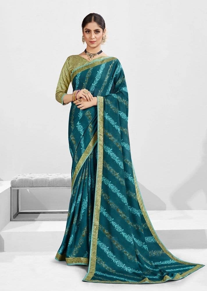 Digital Printed Georgette Saree in Teal Blue