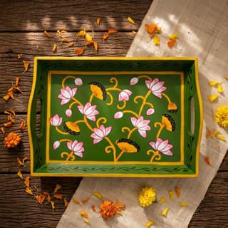 Hand painted pichwai art wooden green color tray