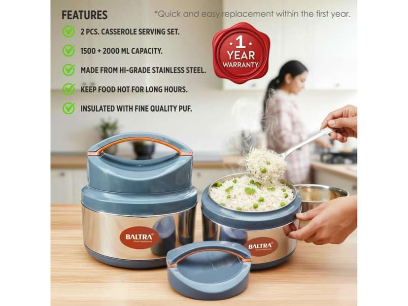 BALTRA Set of 2 Opera Casserole Set (1500ml, 2000ML) Insulated Hot Pot Serving Bowl with Lid view 2