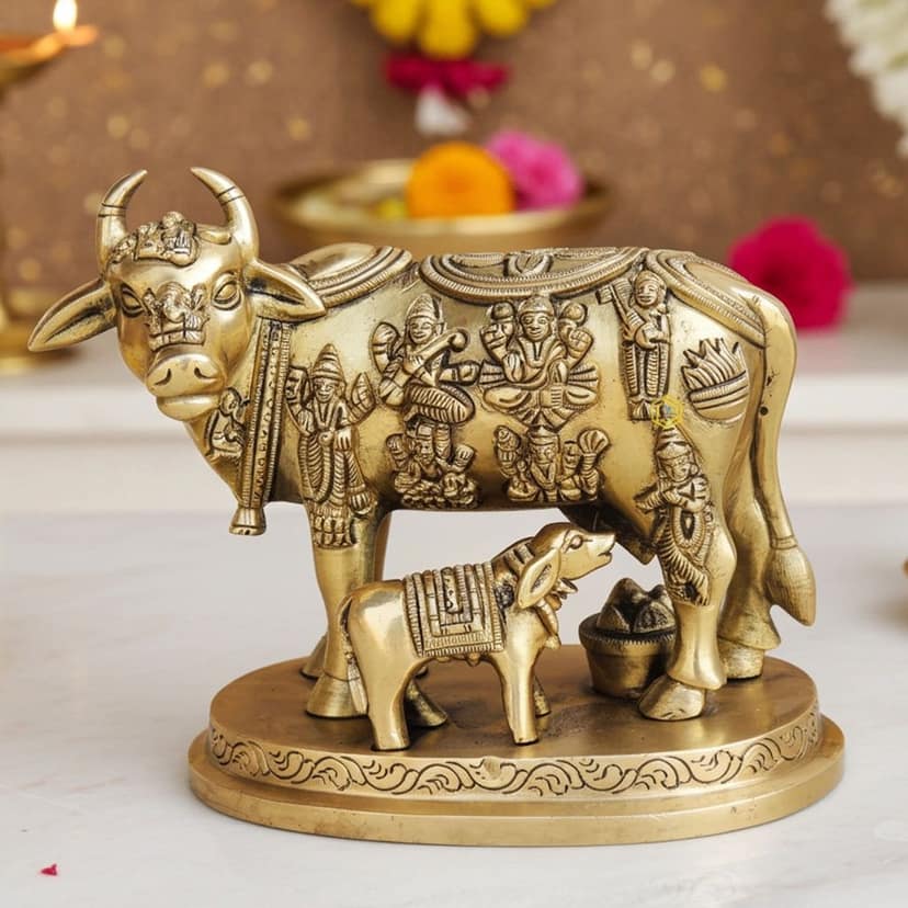 Brass Cow & Calf Statue - Symbol of Prosperity & Faith, Height : 5.2 Inch (BSMAS984 B)