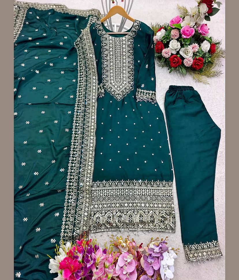 BHAGYASHRAY Women Silk Embroidered Straight Kurti With Pants ( Blue ) view 2