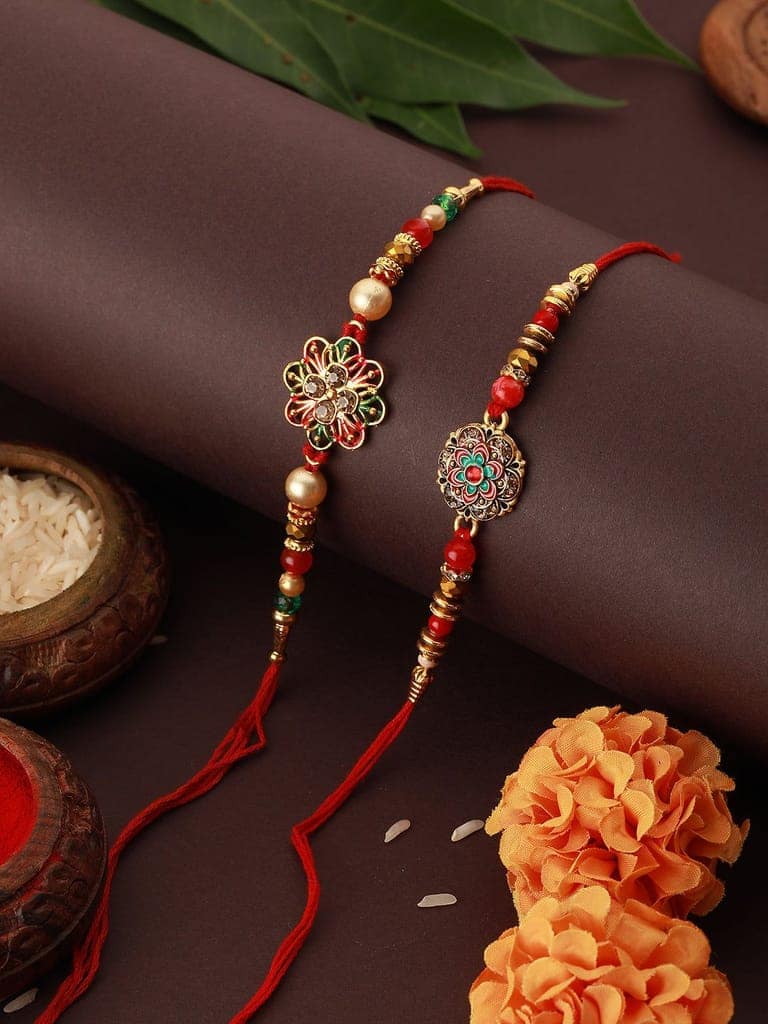 Set Of 2 Kundan Pearl Beaded Rakhi with Roli Chawal