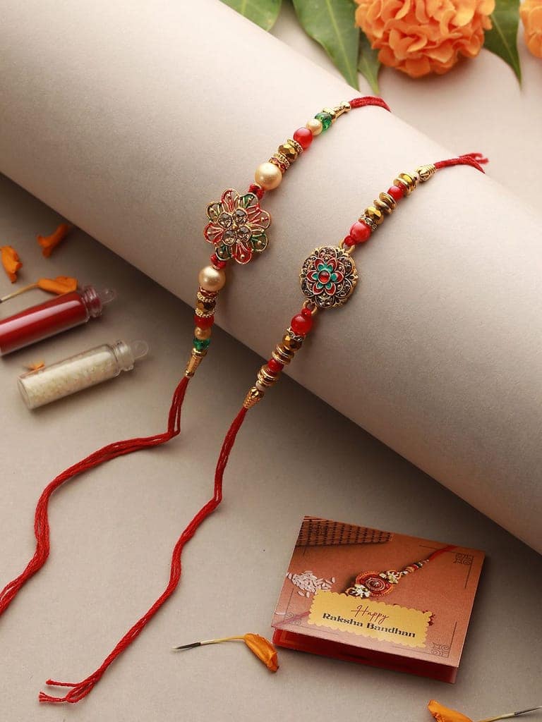 Set Of 2 Kundan Pearl Beaded Rakhi with Roli Chawal view 2