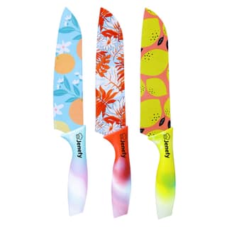 Jenefy Ultra Sharp Knife with prints of protective sheath Chef Knife Japanese Santoku Knife with Non stick coating NonSlip Ergonomic Handle & Blade Cover High Stainless Steel Blue Yellow & Red Combo