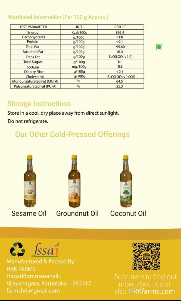HRK Farms Cold Pressed Sunflower Oil | 100% Pure Sunflower Oil | Unrefined & Zero Additives | Wood Pressed Sunflower Oil for Daily Cooking | Kachi Ghani Oil | Sunflower Oil Oil 1 L view 3
