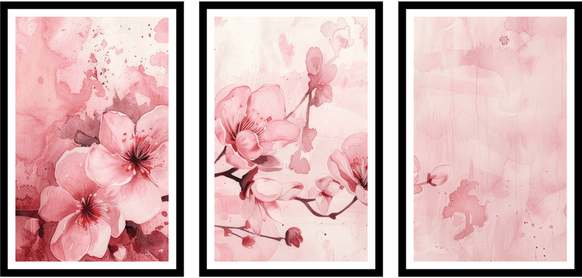 PINK DELICANT 3 PIECE PAINTING OF FLOWER 48in X 24in WITH BLACK FRAME view 2