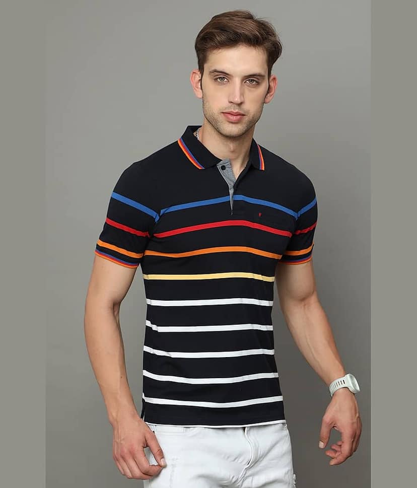 Cool Colors Pack of 1 Cotton Regular Fit Striped Half Sleeves Men's Polo T Shirt ( Black ) view 6