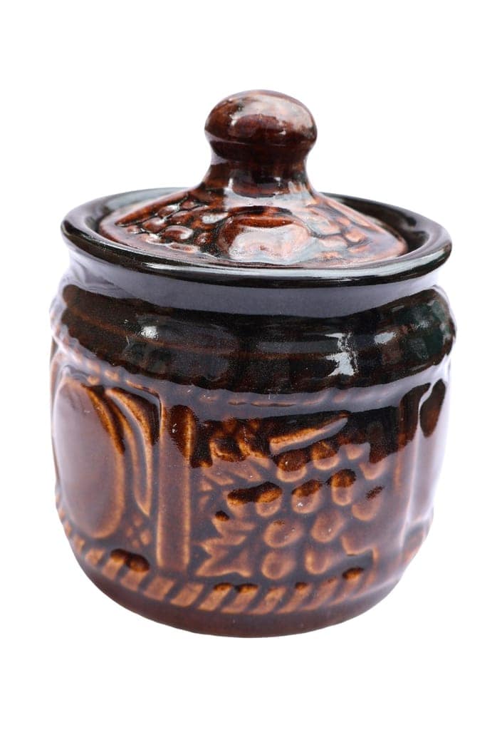Handcrafted Ceramic Storage Jar with Lid - Rustic Brown Embossed Design