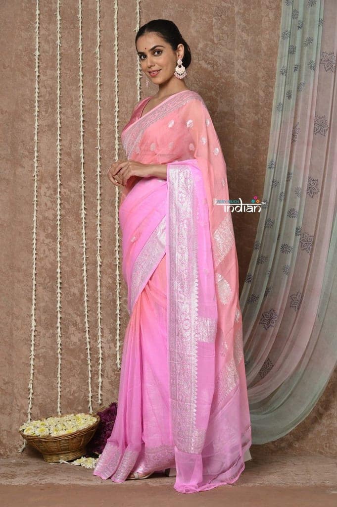 Tyohaar ~ Handloom Khaddi Georgette Saree With Sleek Border ~ Blush Pink (Silk Mark) view 2