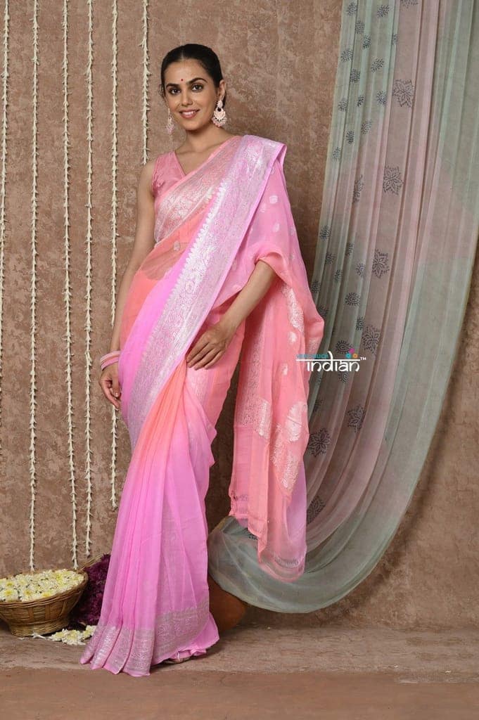 Tyohaar ~ Handloom Khaddi Georgette Saree With Sleek Border ~ Blush Pink (Silk Mark) view 4