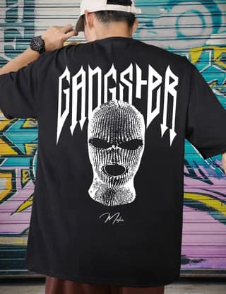 Scott Fincher Black Oversized cotton t-shirt with a white print of the word "Gangster" in graffiti style on the back : AA(ARN)BLACK_65