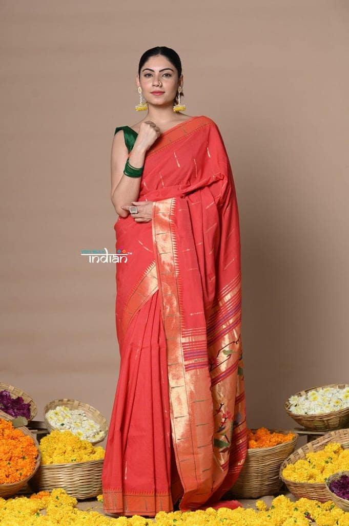 Rajsi~ Handloom Pure Cotton Muniya Border Saree WIth Handcrafted Pallu in Red view 2