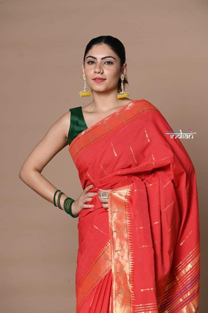 Rajsi~ Handloom Pure Cotton Muniya Border Saree WIth Handcrafted Pallu in Red view 3