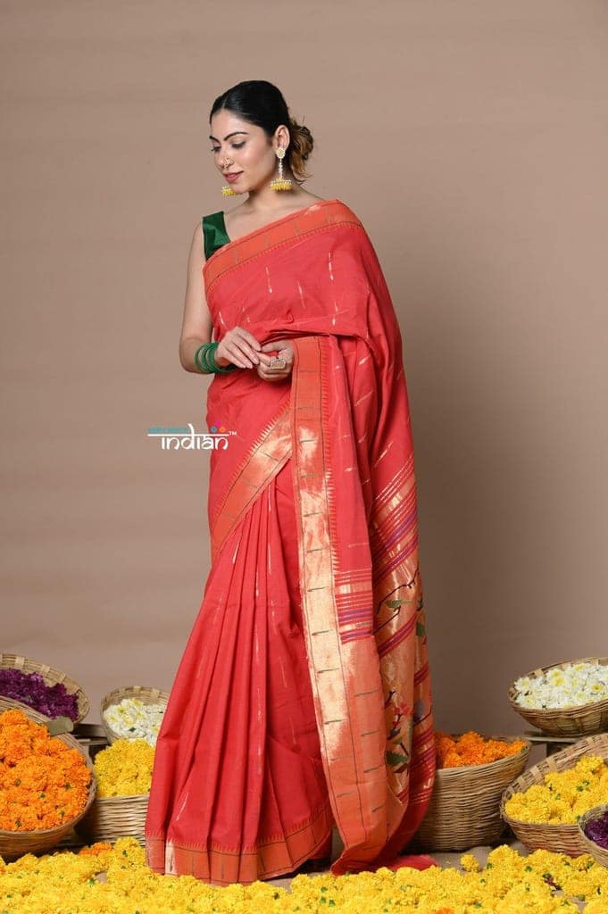Rajsi~ Handloom Pure Cotton Muniya Border Saree WIth Handcrafted Pallu in Red view 4