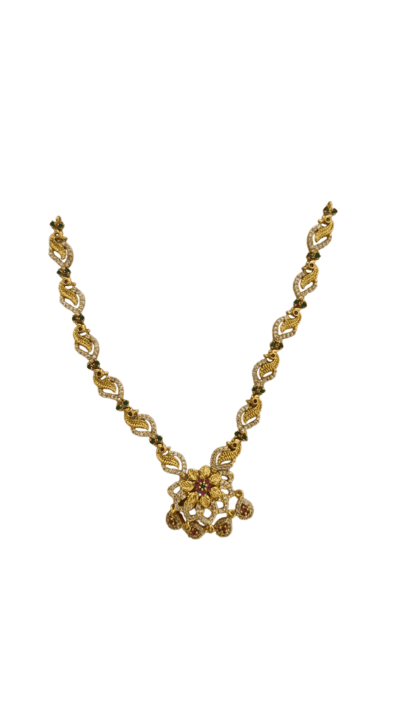 Gold-plated traditional Indian necklace set with intricate detailing and pearl drops view 2