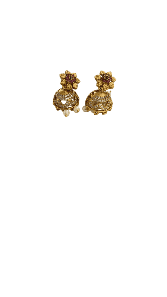 Gold-plated traditional Indian necklace set with intricate detailing and pearl drops view 3