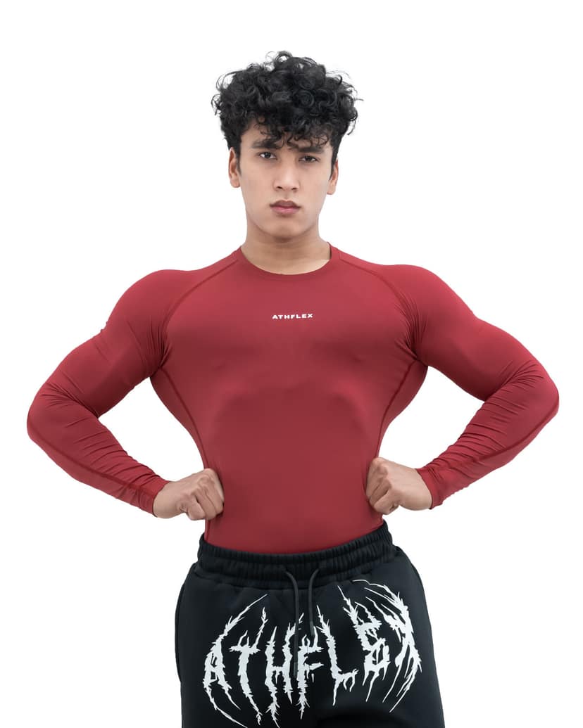 Athflex Men's Full sleeve Ace Compression T-Shirt - Ultra Stretch,premium Nylon Spandex Blend , Moisture-Wicking, Quick-Dry, Breathable, Muscle Fit Activewear for Gym, Fitness, and Sports - maroon/L