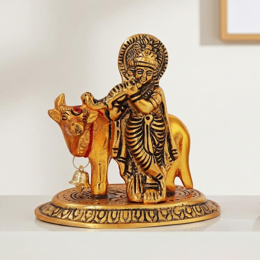 Aluminium Showpiece Krishna With Cow Statue (ASMAS287 G) view 2