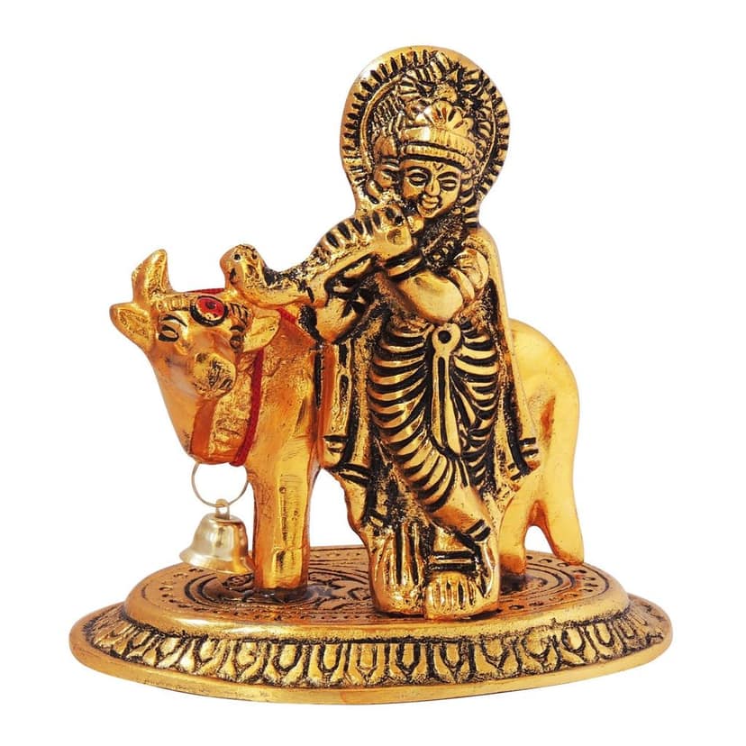 Aluminium Showpiece Krishna With Cow Statue (ASMAS287 G) view 3
