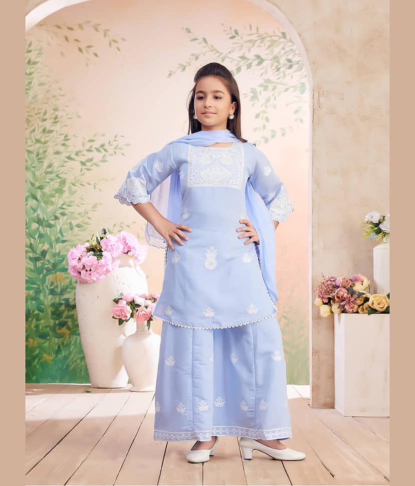 Aarika Girls Silk Kurti with Pants ( Pack of 1 , Sky Blue )