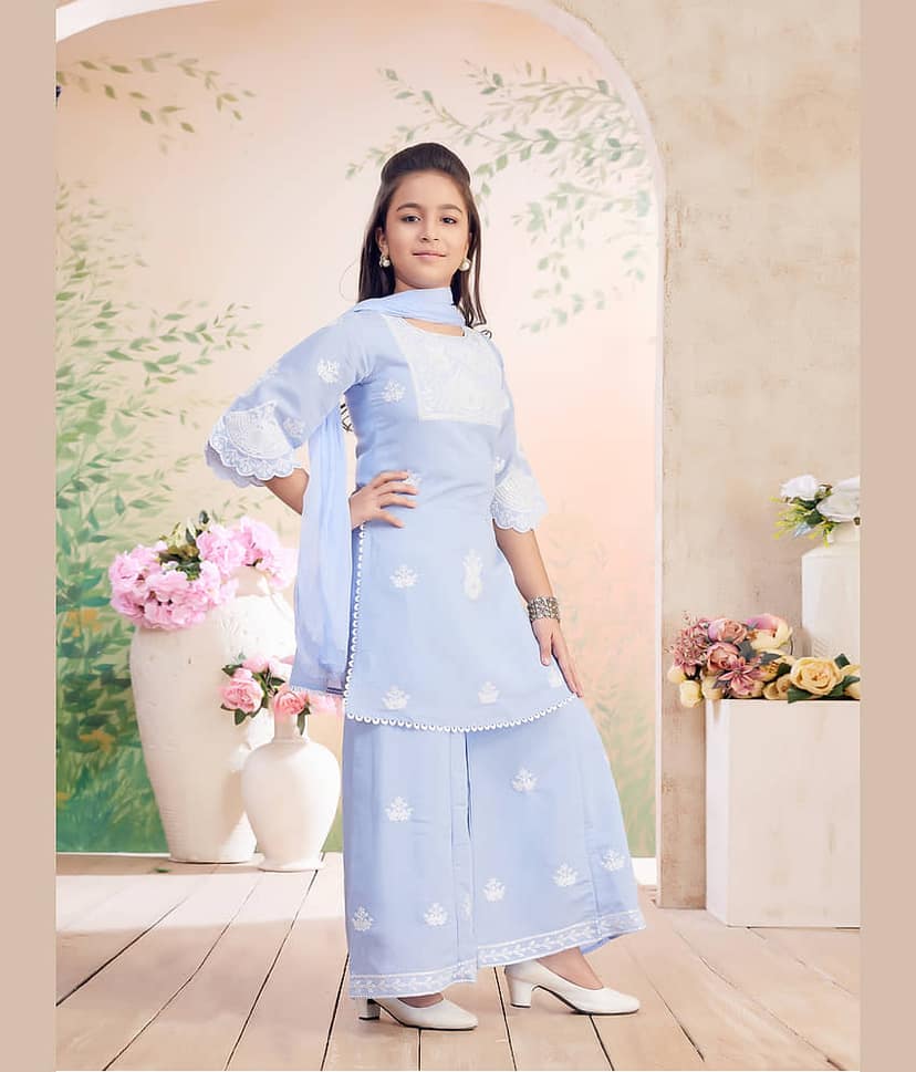 Aarika Girls Silk Kurti with Pants ( Pack of 1 , Sky Blue ) view 2