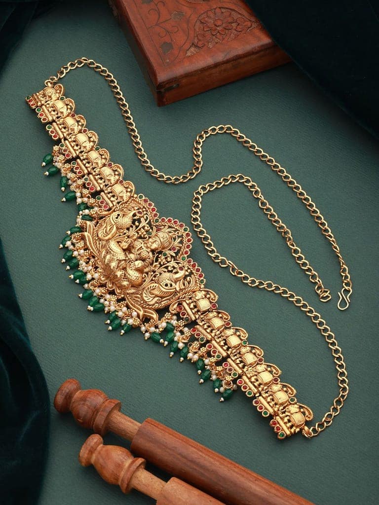 Matte Gold Plated Green Pearls Beaded Shri lakshmi Motif Bridal Hip Belt Kamarbandh view 2