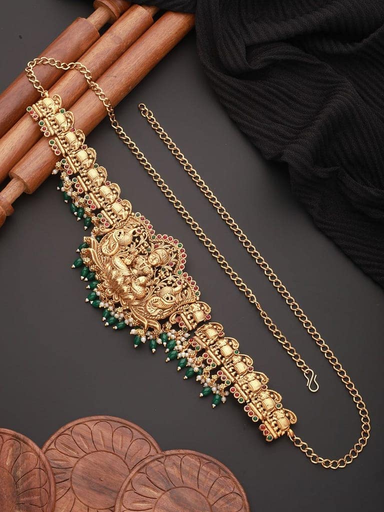 Matte Gold Plated Green Pearls Beaded Shri lakshmi Motif Bridal Hip Belt Kamarbandh view 4