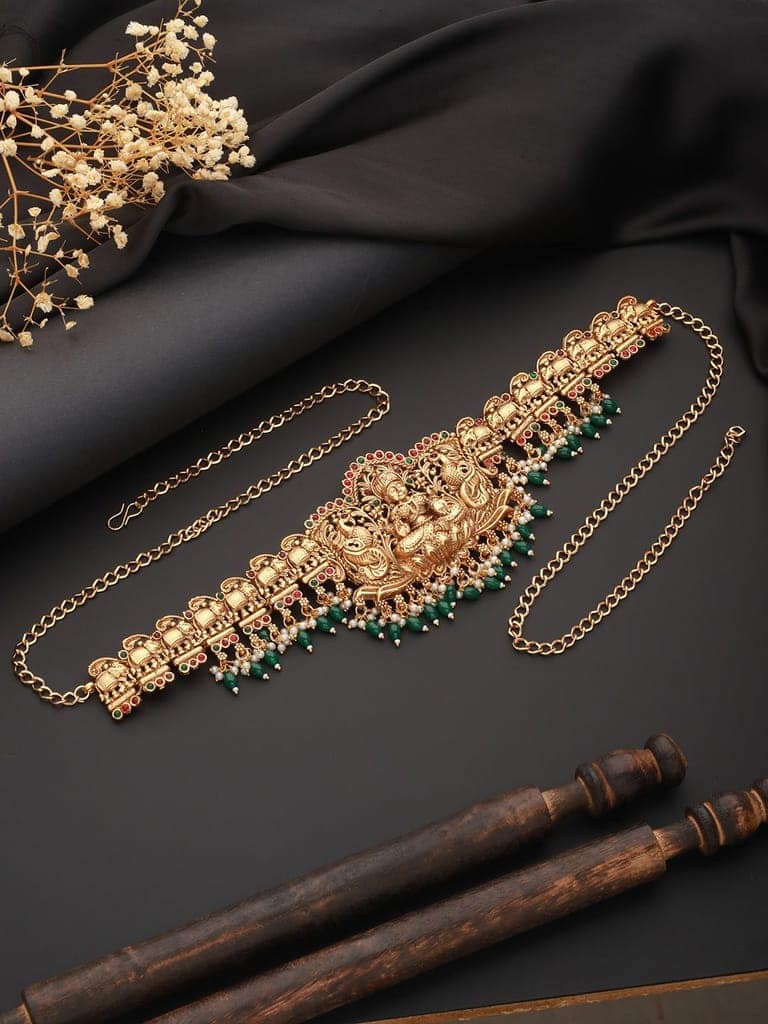 Matte Gold Plated Green Pearls Beaded Shri lakshmi Motif Bridal Hip Belt Kamarbandh view 5