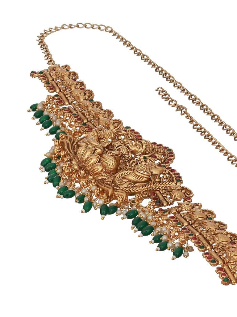 Matte Gold Plated Green Pearls Beaded Shri lakshmi Motif Bridal Hip Belt Kamarbandh view 6
