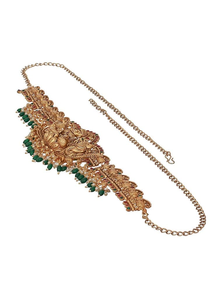 Matte Gold Plated Green Pearls Beaded Shri lakshmi Motif Bridal Hip Belt Kamarbandh view 7