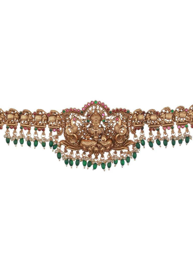 Matte Gold Plated Green Pearls Beaded Shri lakshmi Motif Bridal Hip Belt Kamarbandh view 8