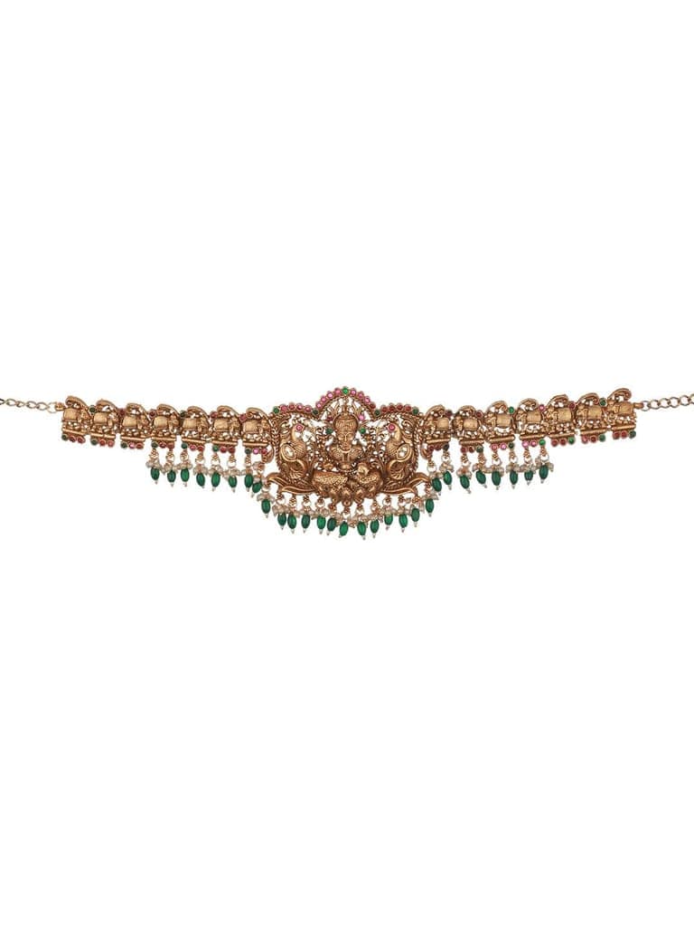 Matte Gold Plated Green Pearls Beaded Shri lakshmi Motif Bridal Hip Belt Kamarbandh view 9