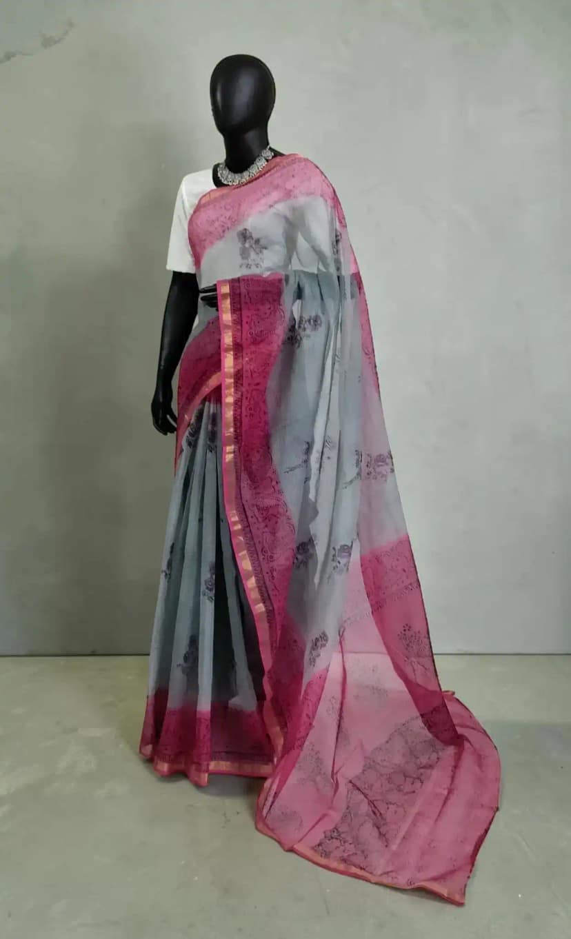 Handloom Kota Doria Saree with Block Print and Zari Border view 2